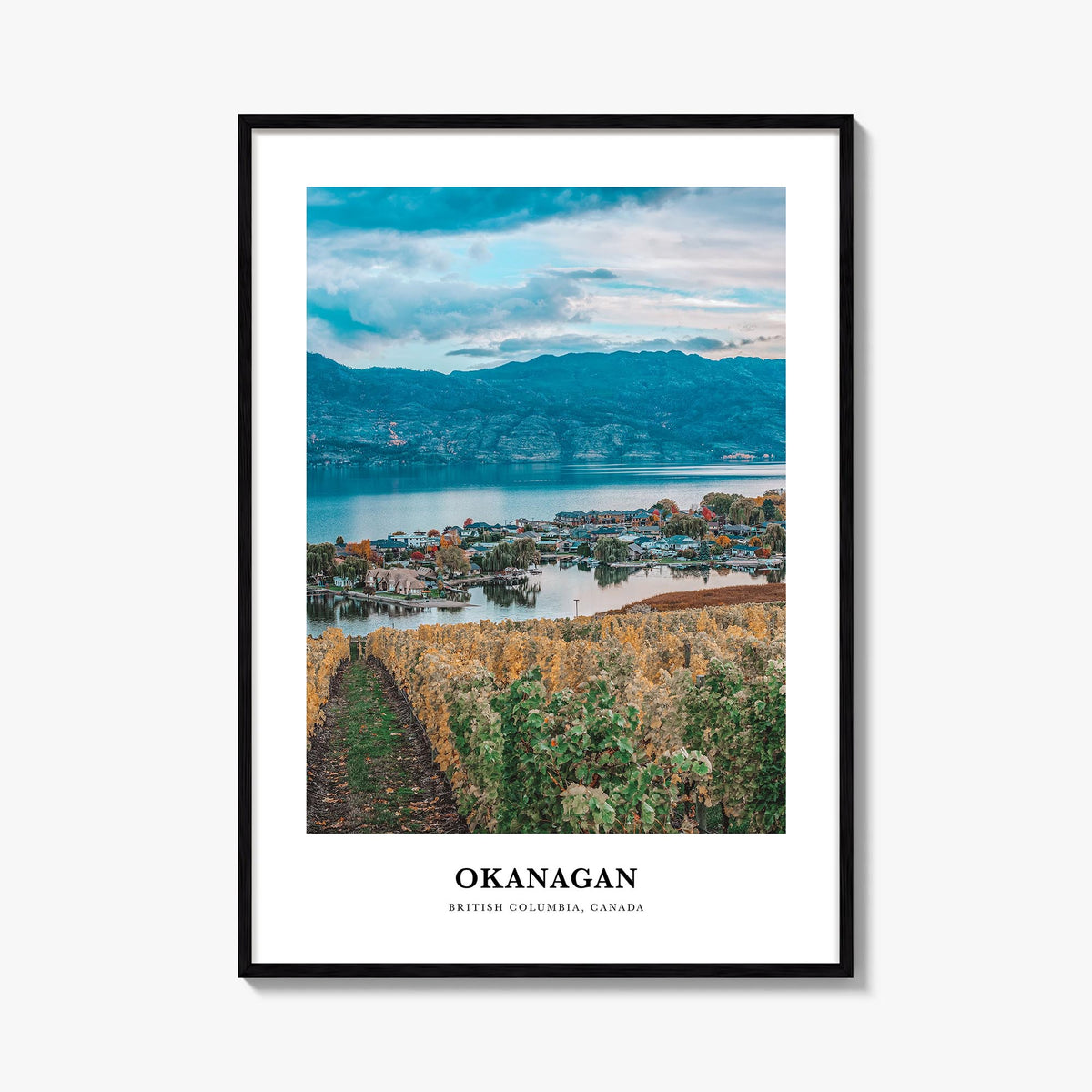 Okanagan colorful classic poster of British Columbia, Canada – vertical wall art, unframed print shown in interior mockup