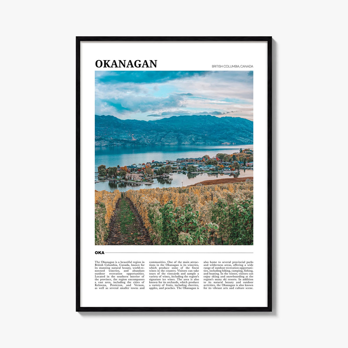 Okanagan colorful travel poster of British Columbia, Canada – vertical wall art, unframed print shown in interior mockup
