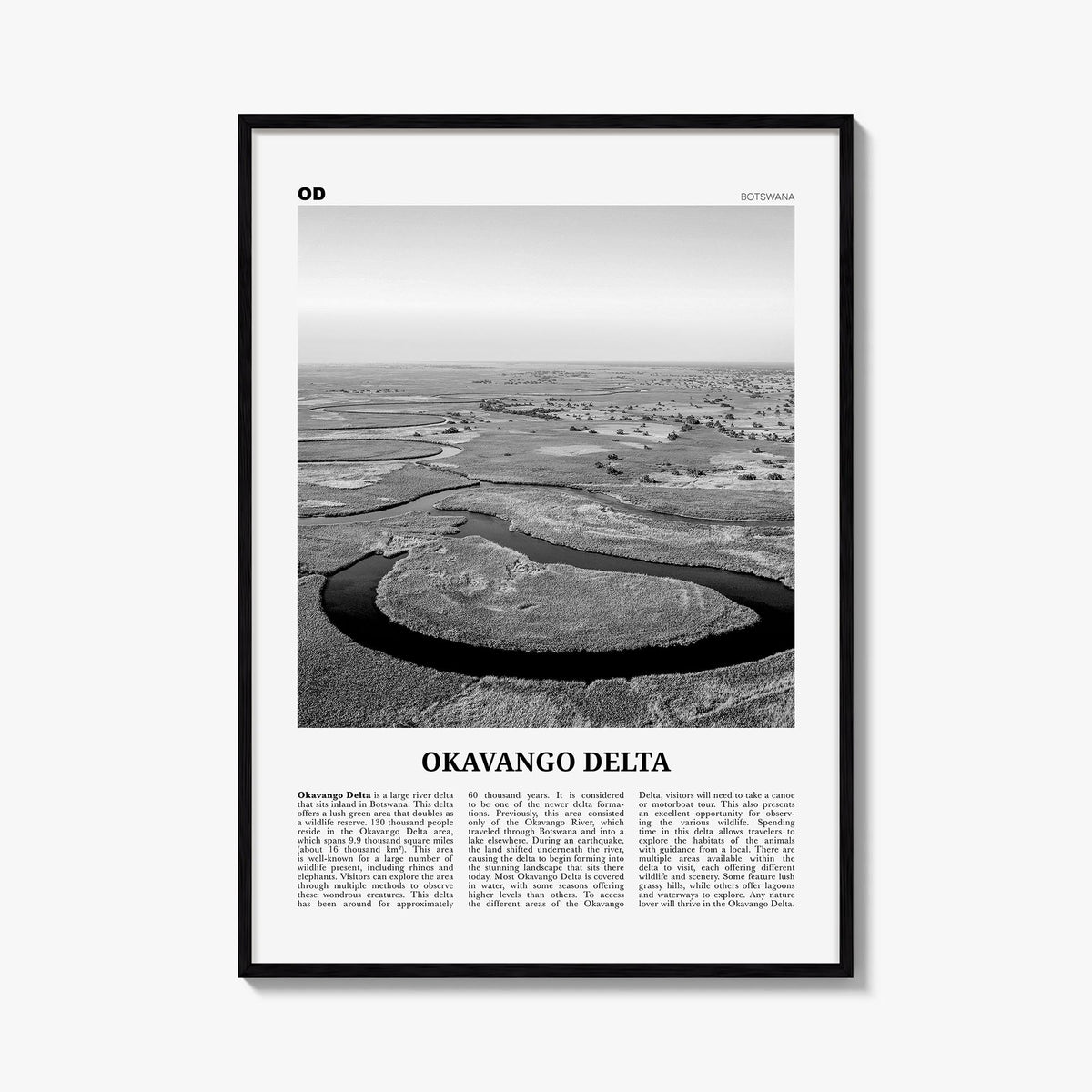 Okavango Delta black & white newspaper poster of Botswana – vertical wall art, unframed print shown in interior mockup