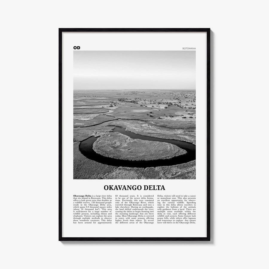 Okavango Delta black & white newspaper poster of Botswana – vertical wall art, unframed print shown in interior mockup