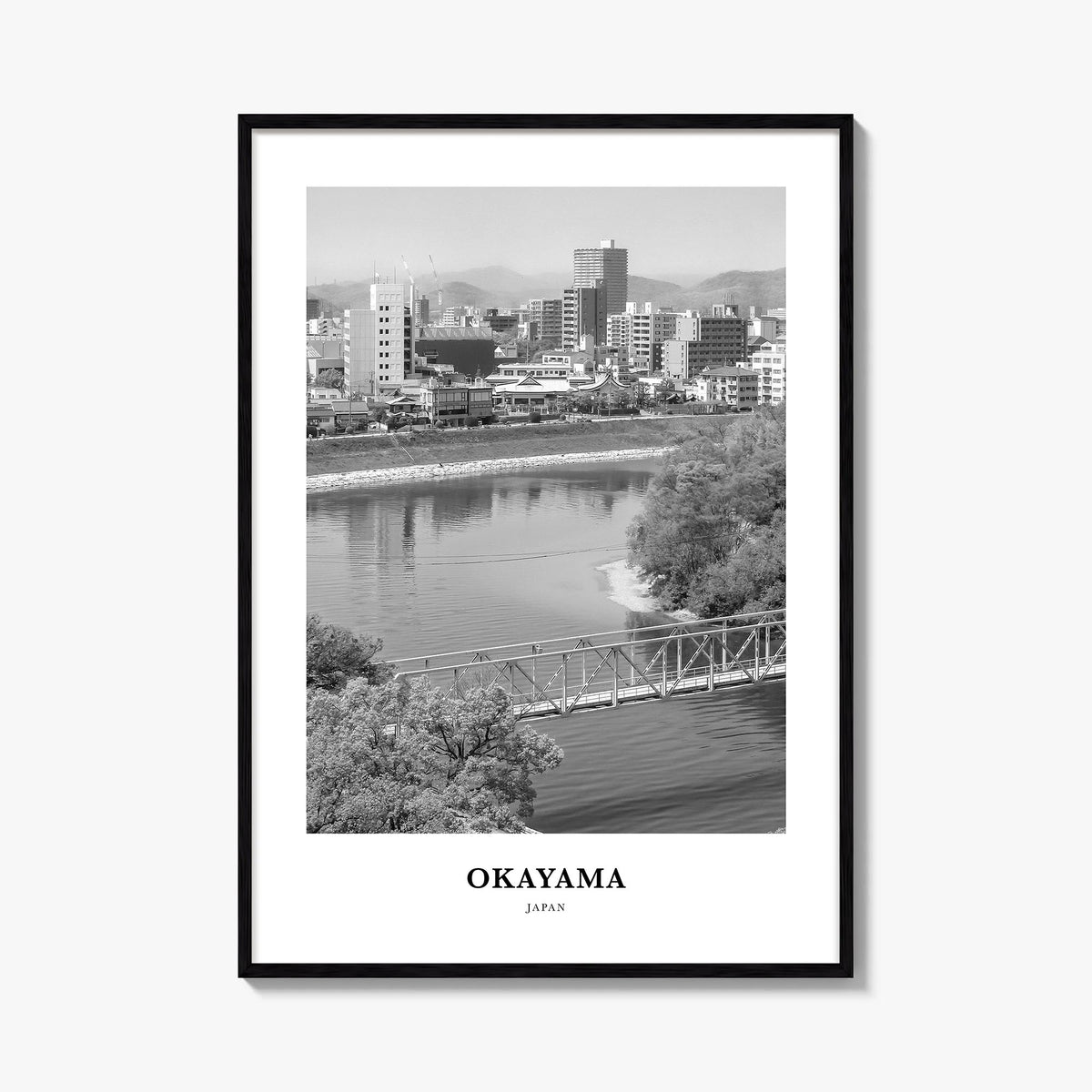 Okayama black & white classic poster of Japan – vertical wall art, unframed print shown in interior mockup