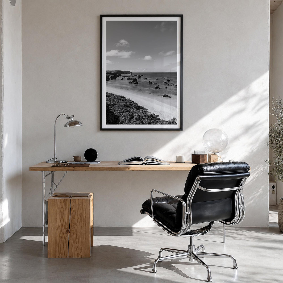 Okinawa black & white photo poster of Japan – vertical wall art in black wood frame with white border, hanging on wall