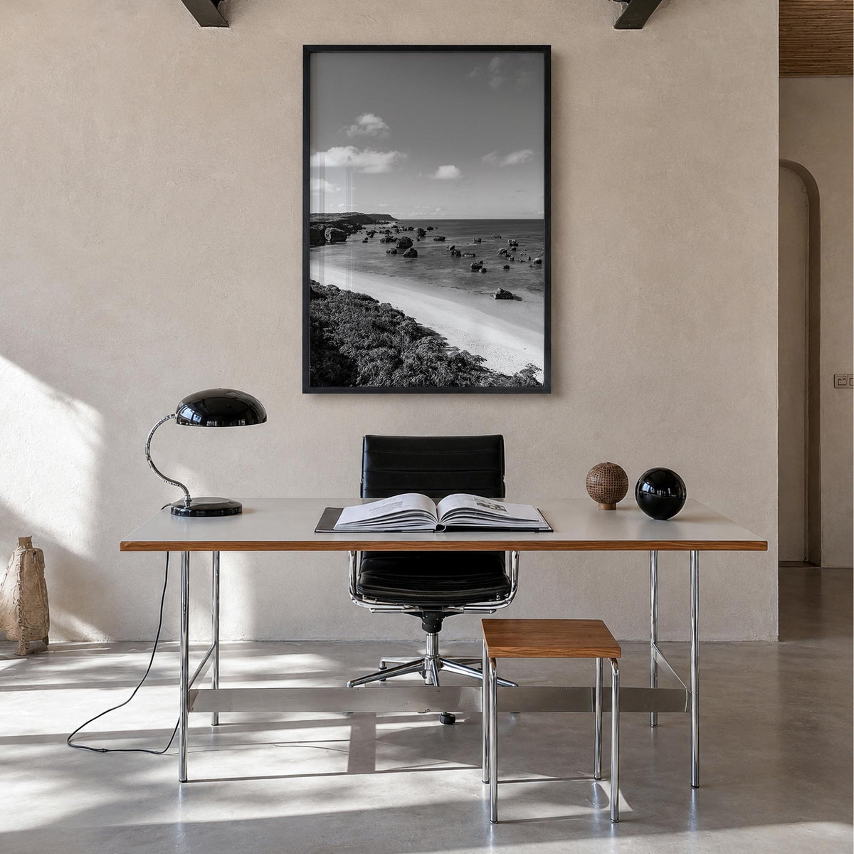 Okinawa black & white photo poster of Japan – vertical wall art in black wood frame, hanging on wall
