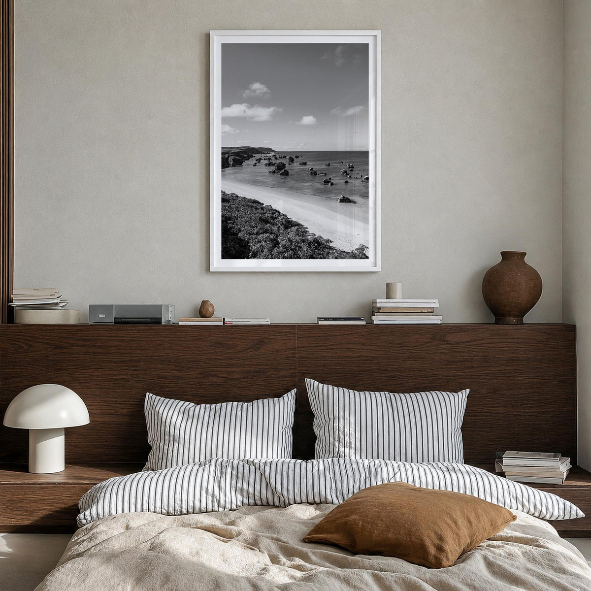 Okinawa black & white photo poster of Japan – vertical wall art in white wood frame with white border, hanging on wall