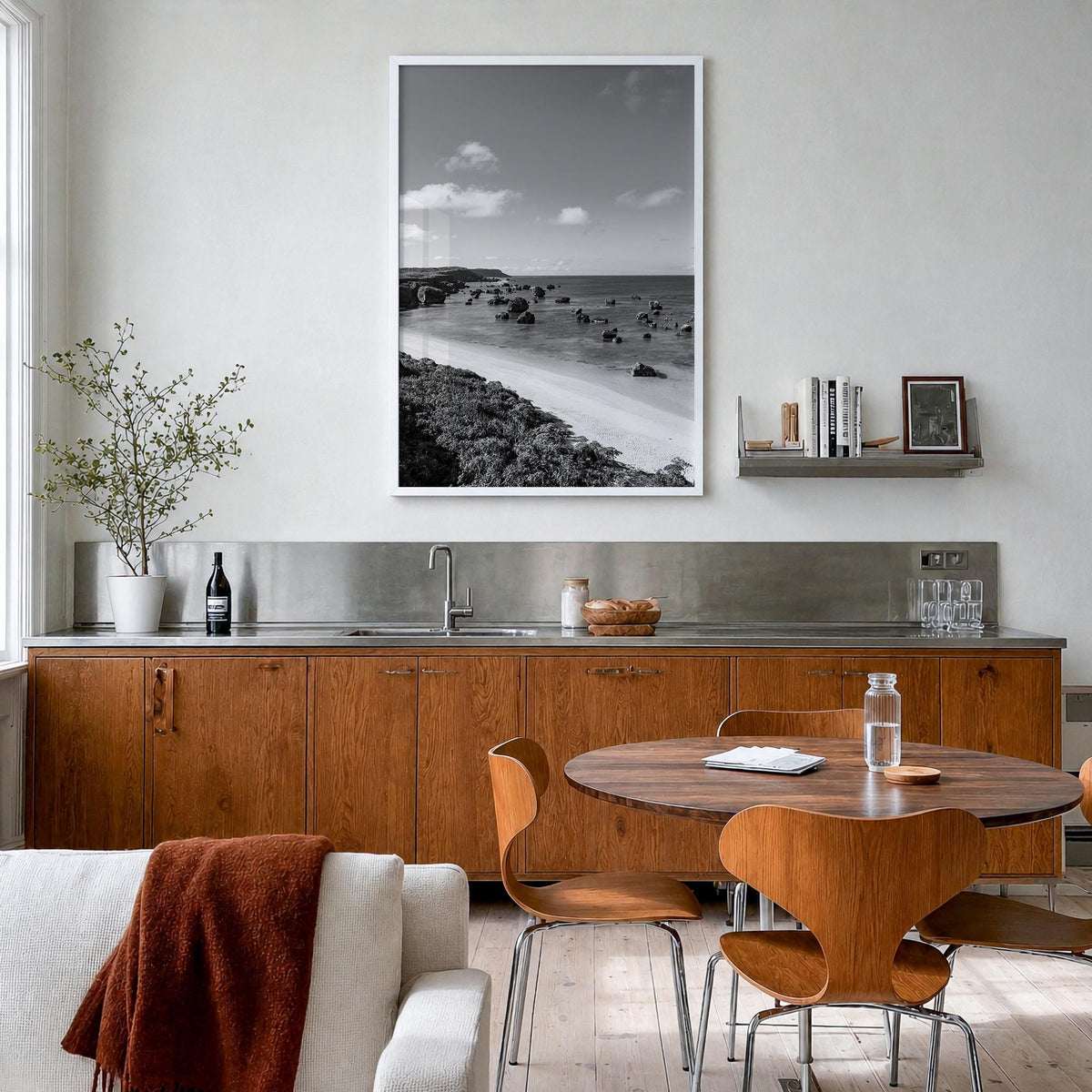 Okinawa black & white photo poster of Japan – vertical wall art in white wood frame, hanging on wall