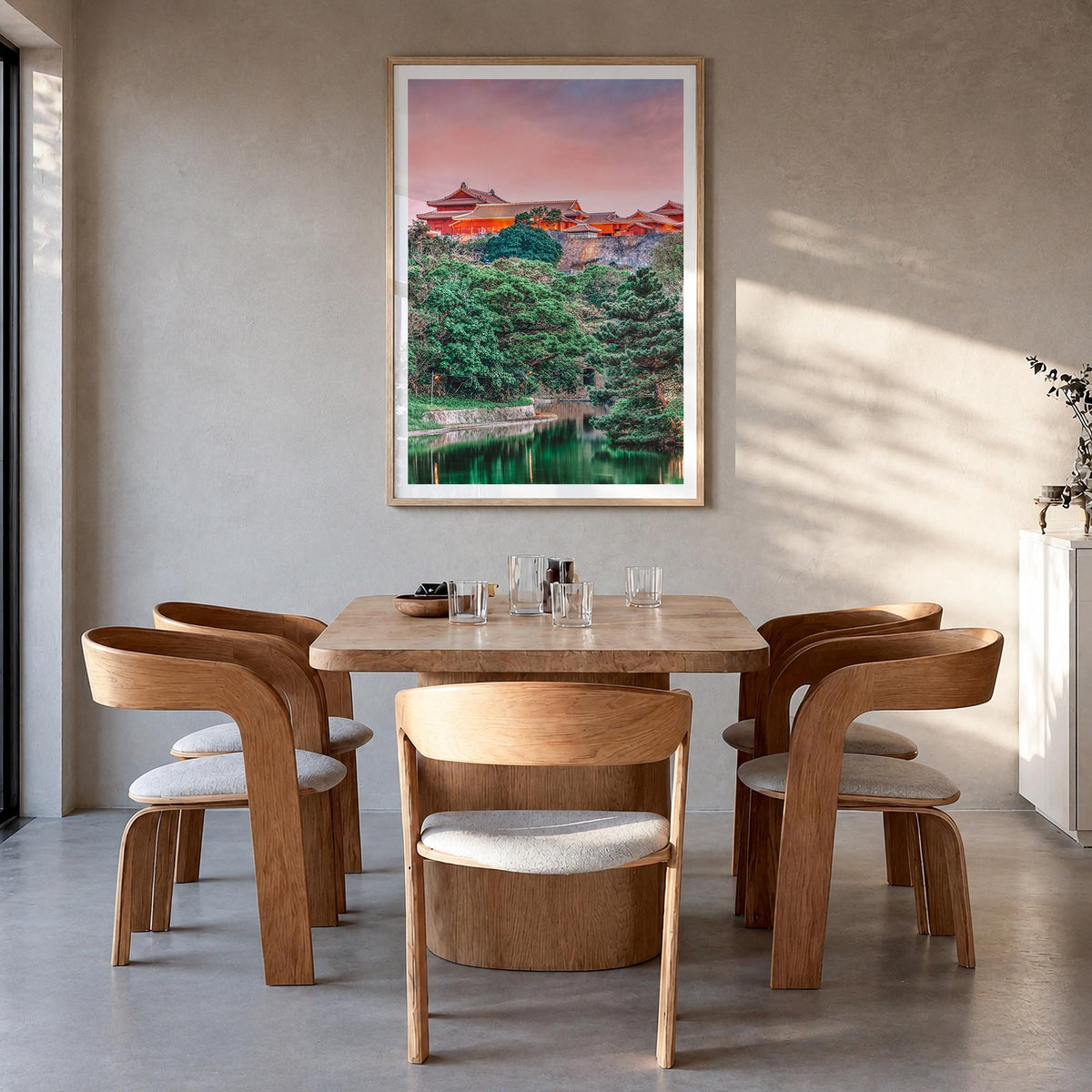 Okinawa colorful photo poster of Japan – vertical wall art in natural wood frame with white border, hanging on wall