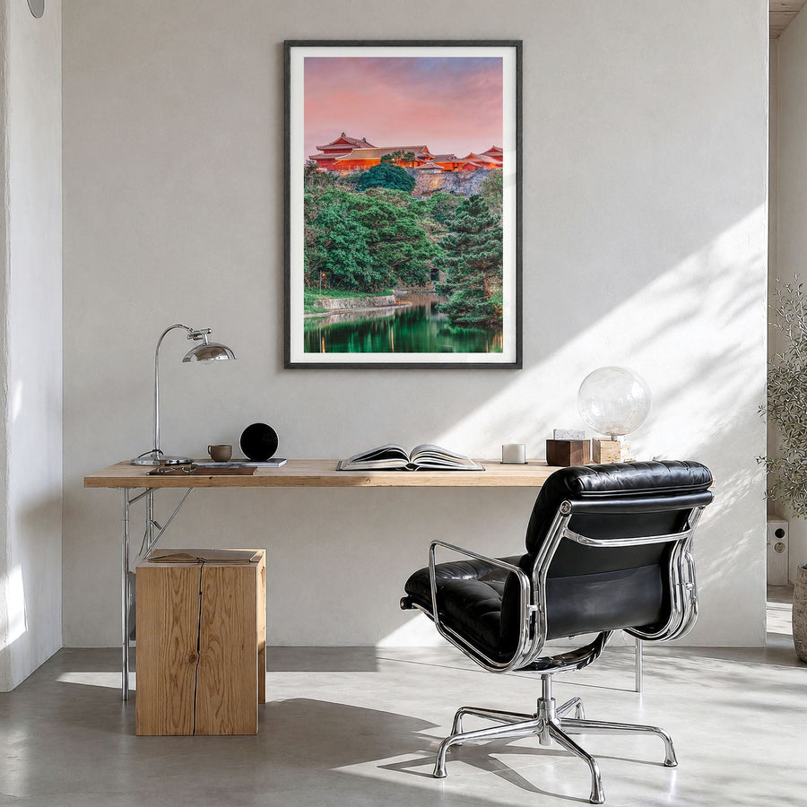 Okinawa Photo Poster in a black wood frame, hanging in a bright home office, white border