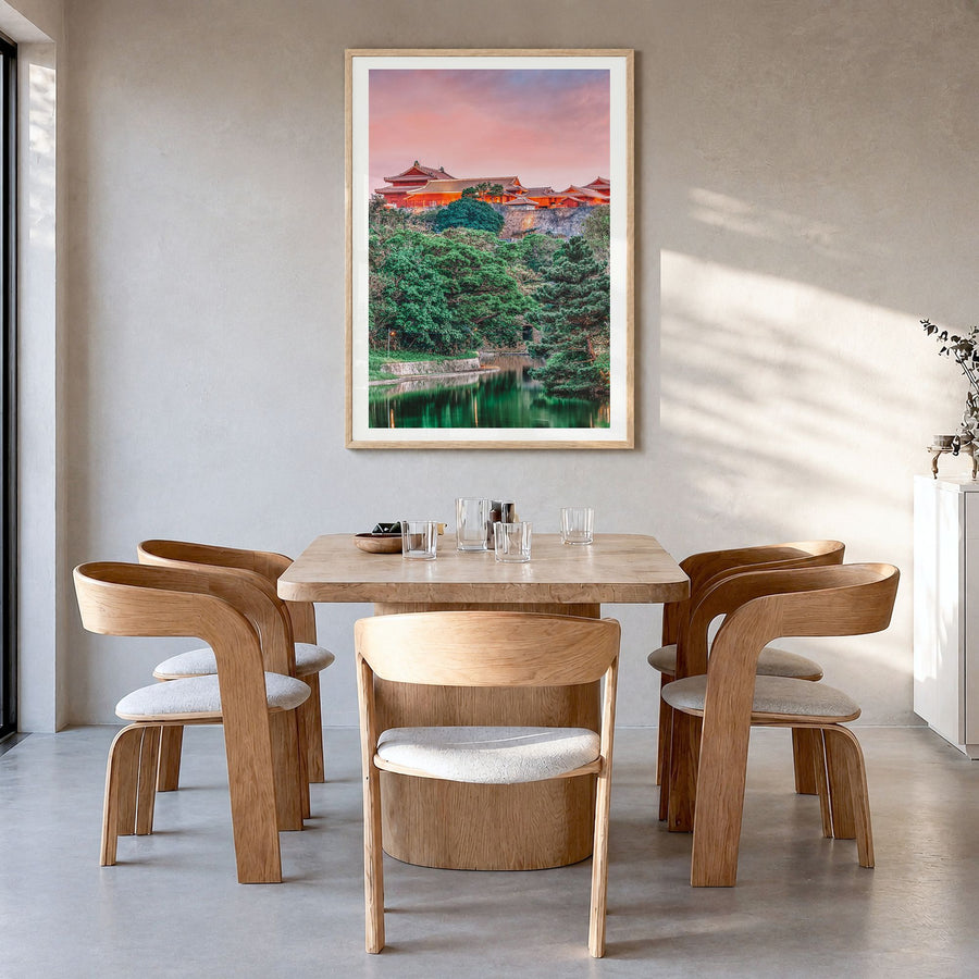 Okinawa Photo Poster in a natural wood frame, hanging in a dining room, white border