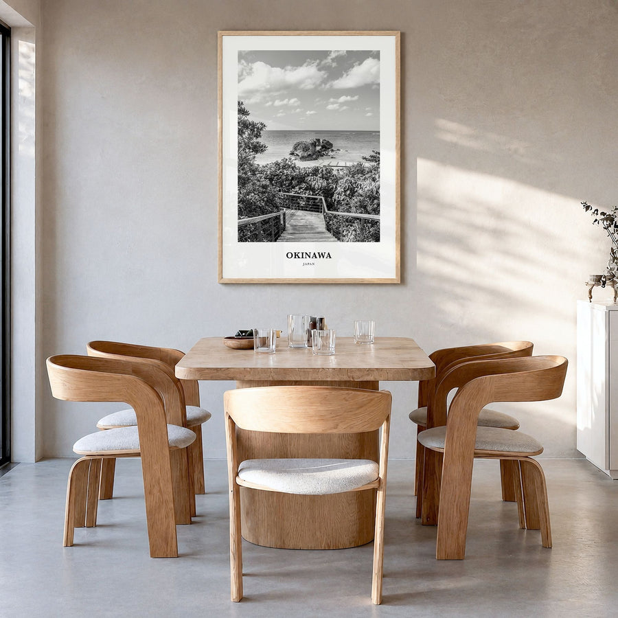 Okinawa Classic Poster in a natural wood frame, hanging in a dining room