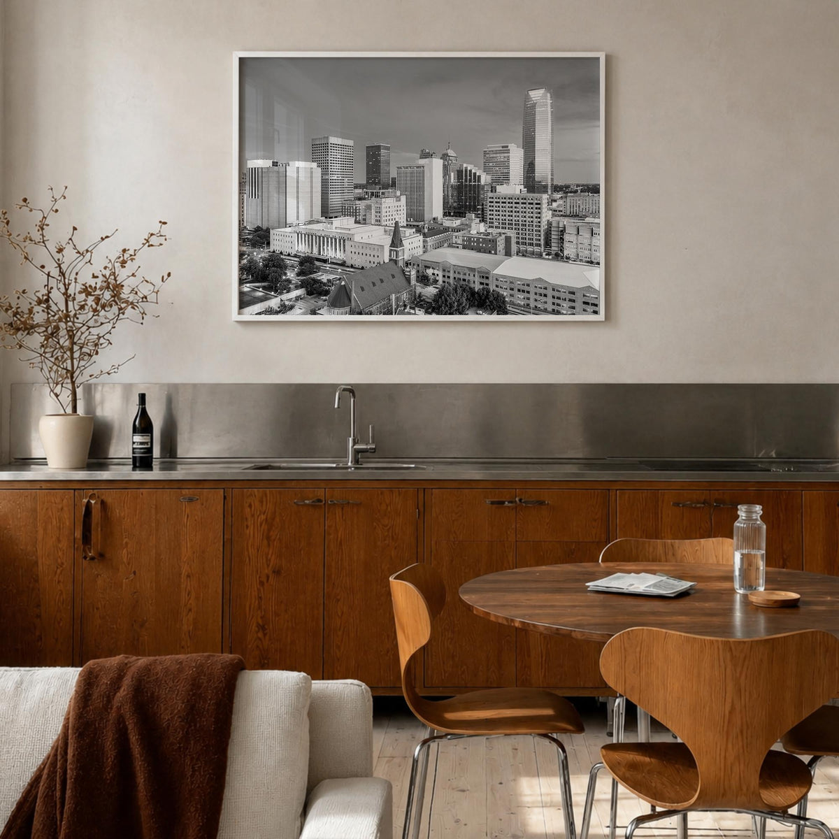Oklahoma black & white photo poster of United States – horizontal wall art in white wood frame, hanging on wall