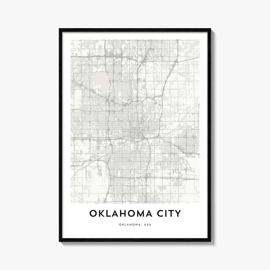 Oklahoma City black & white map poster of Oklahoma, USA – vertical wall art, unframed print shown in interior mockup