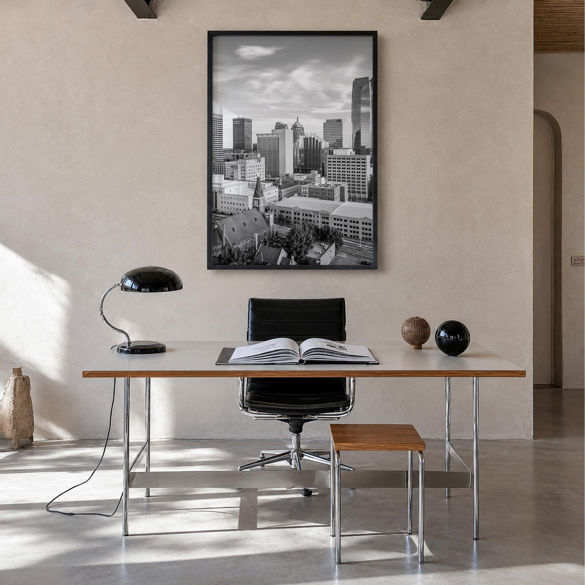 Oklahoma City black & white photo poster of Oklahoma, USA – vertical wall art in black wood frame, hanging on wall