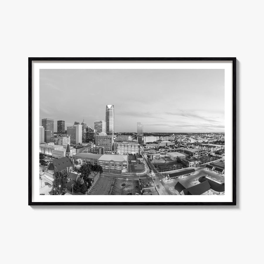 Oklahoma City black & white photo poster of Oklahoma, USA – horizontal wall art, unframed print shown in interior mockup