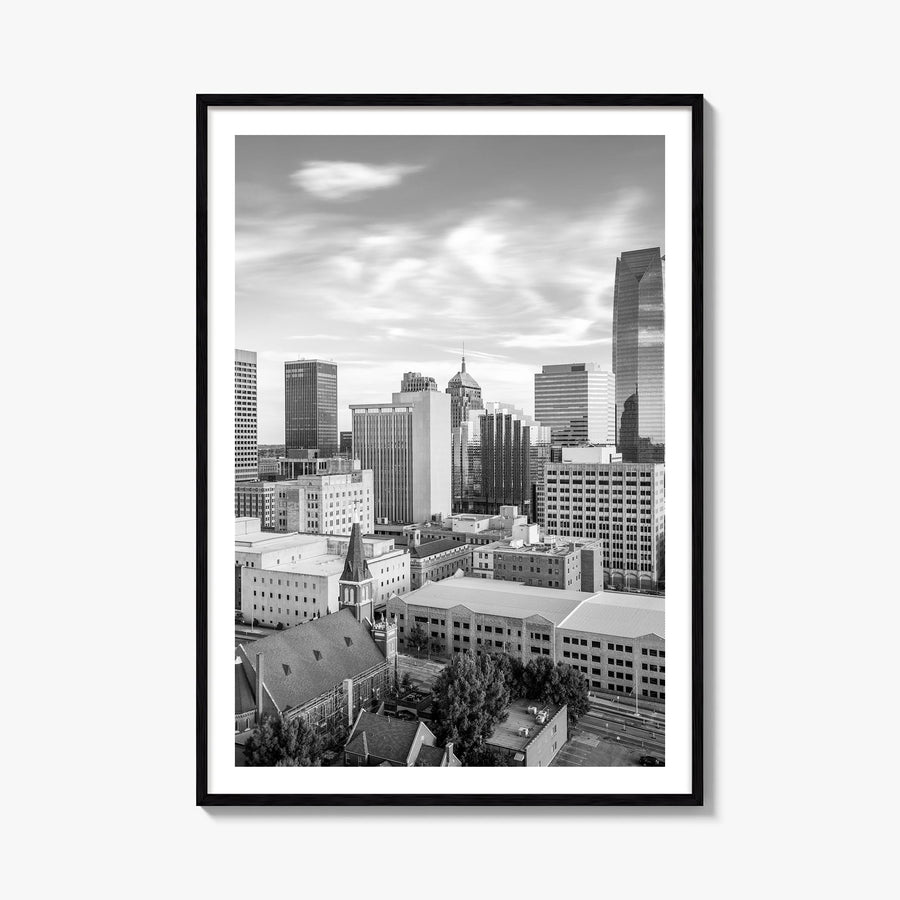 Oklahoma City black & white photo poster of Oklahoma, USA – vertical wall art, unframed print shown in interior mockup