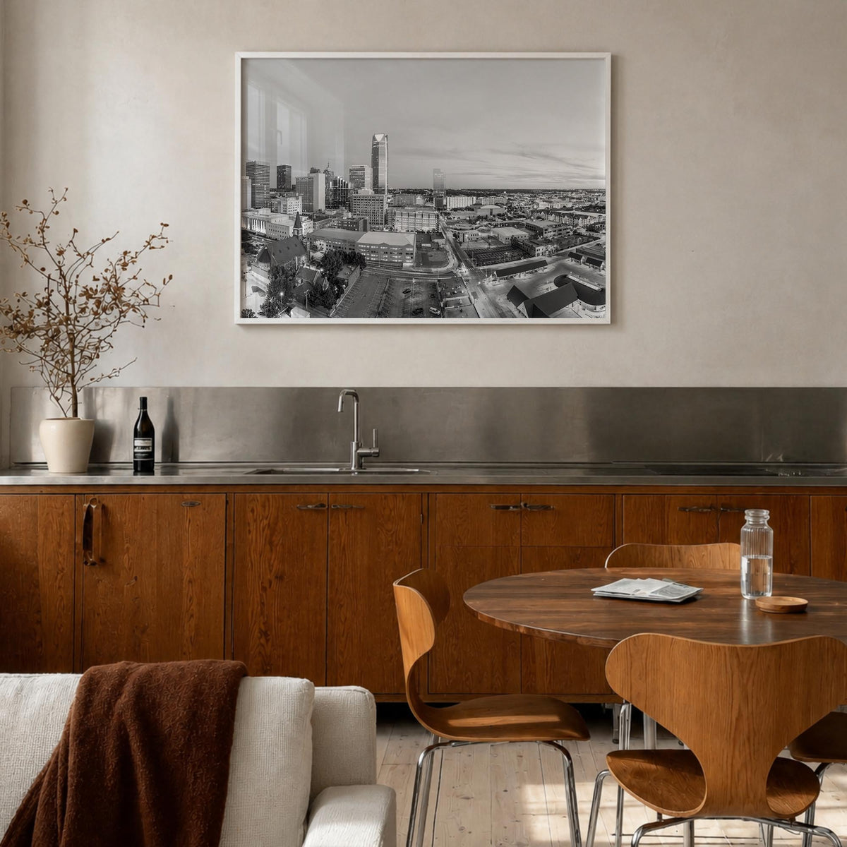 Oklahoma City black & white photo poster of Oklahoma, USA – horizontal wall art in white wood frame, hanging on wall