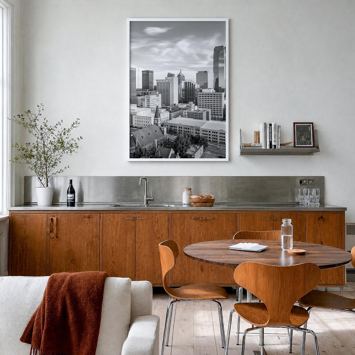 Oklahoma City black & white photo poster of Oklahoma, USA – vertical wall art in white wood frame, hanging on wall