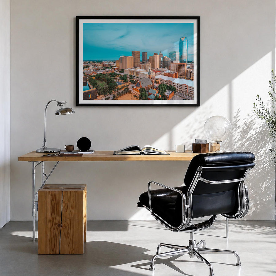 Oklahoma City colorful photo poster of Oklahoma, USA – horizontal wall art in black wood frame with white border, hanging on 