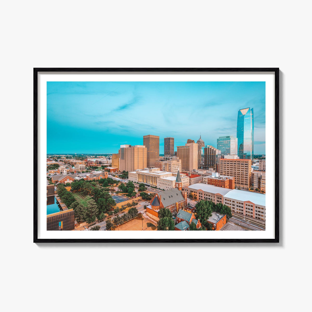 Oklahoma City colorful photo poster of Oklahoma, USA – horizontal wall art, unframed print shown in interior mockup