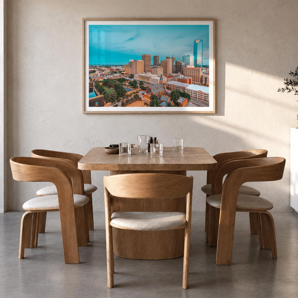 Oklahoma City colorful photo poster of Oklahoma, USA – horizontal wall art in natural wood frame with white border, hanging o