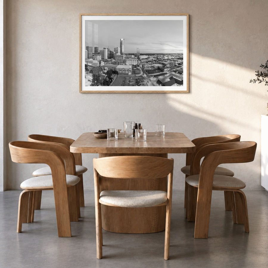 Oklahoma City Photo Poster in a natural wood frame, hanging in a dining room, white border