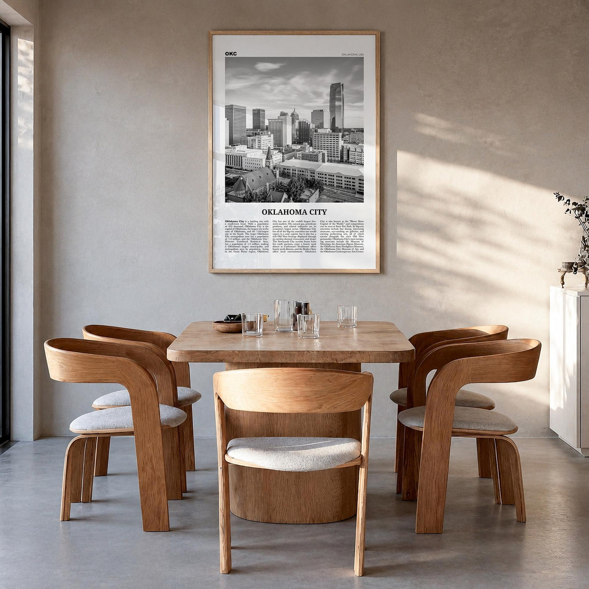 Oklahoma City no. 1 black & white newspaper poster of Oklahoma, USA – vertical wall art in natural wood frame, hanging on wal