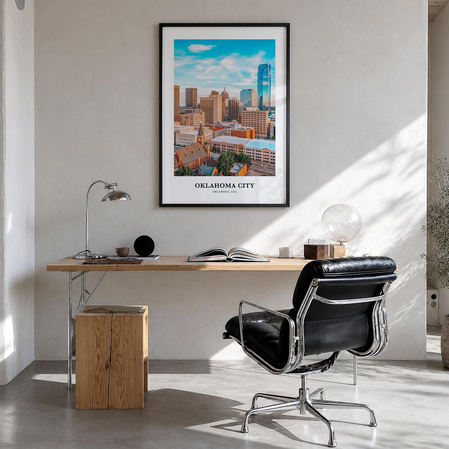 Oklahoma City no. 1 colorful classic poster of Oklahoma, USA – vertical wall art in black wood frame, hanging on wall