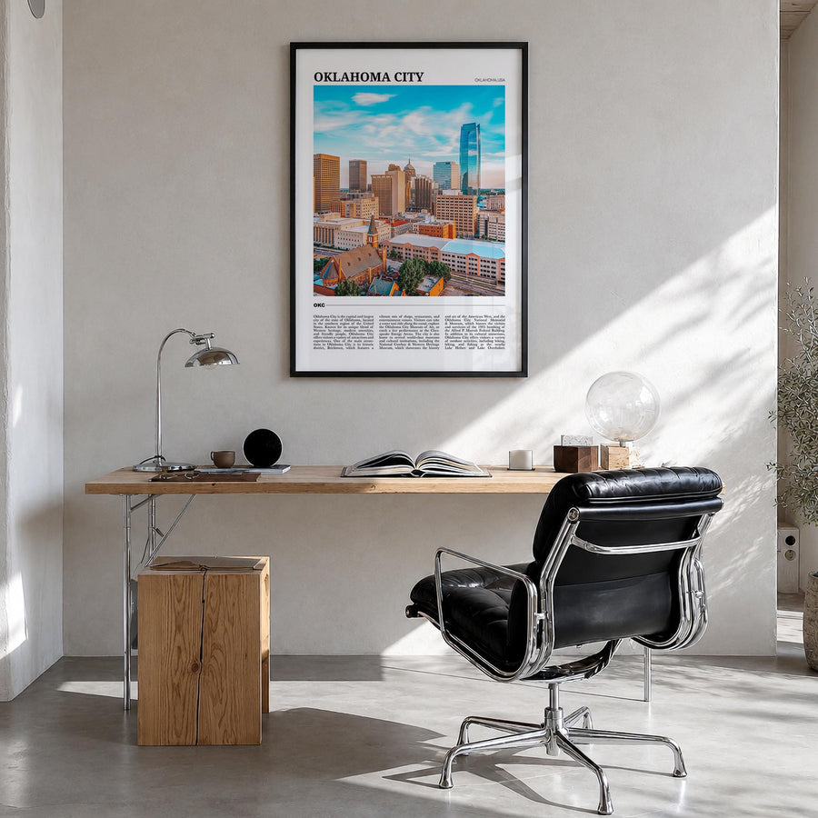 Oklahoma City no. 1 colorful travel poster of Oklahoma, USA – vertical wall art in black wood frame, hanging on wall