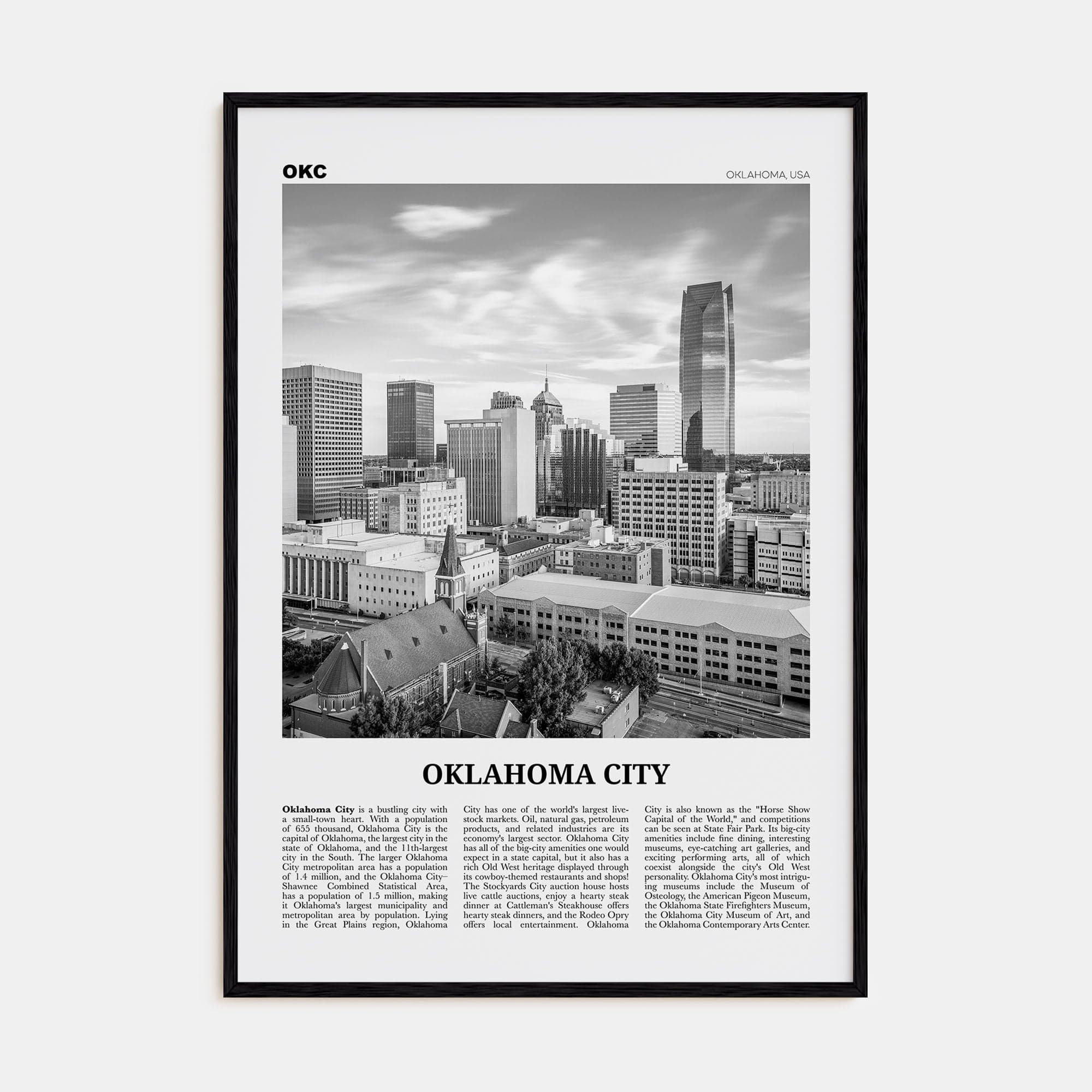 Oklahoma City No 1 Poster Black Wood / 8x12 in Nbourhood Travel B&W Poster