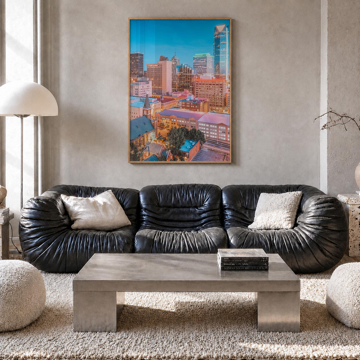 Oklahoma City no. 2 colorful photo poster of Oklahoma, USA – vertical wall art in natural wood frame, hanging on wall