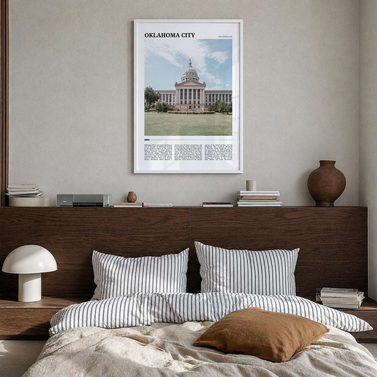 Oklahoma City no. 2 colorful travel poster of Oklahoma, USA – vertical wall art in white wood frame, hanging on wall