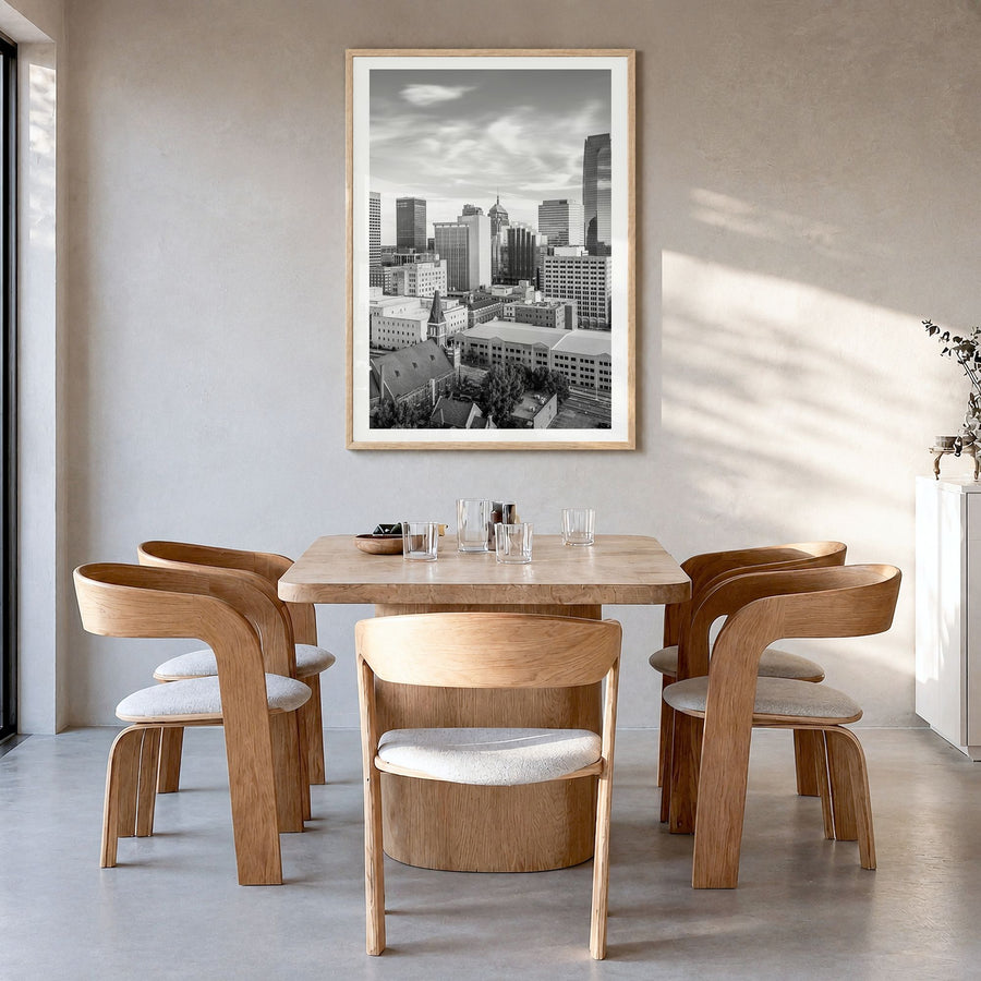 Oklahoma City Photo Poster in a natural wood frame, hanging in a dining room, white border