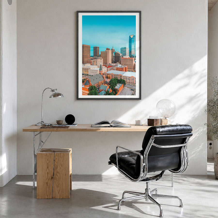 Oklahoma City Photo No 1 Poster in a black wood frame, hanging in a bright home office, white border