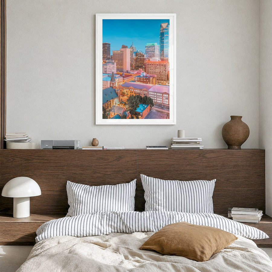 Oklahoma City Photo No 2 Poster in a white wood frame, hanging in a bedroom, white border