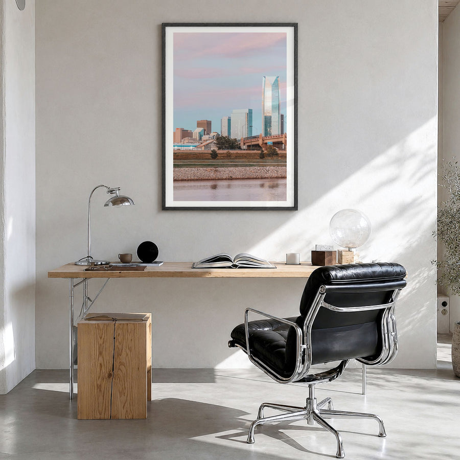 Oklahoma City Photo No 3 Poster in a black wood frame, hanging in a bright home office, white border