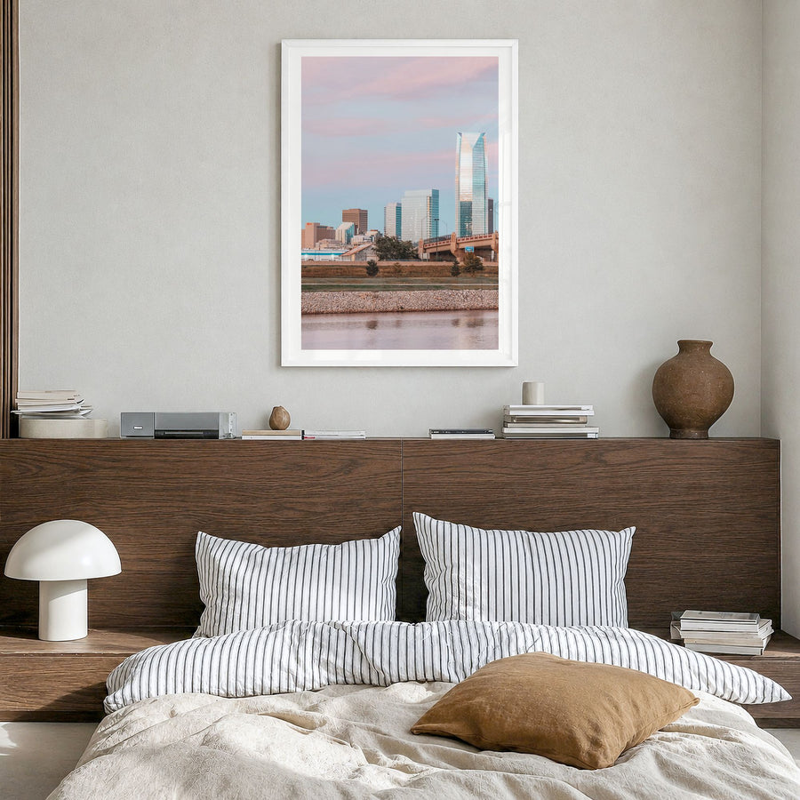 Oklahoma City Photo No 3 Poster in a white wood frame, hanging in a bedroom, white border