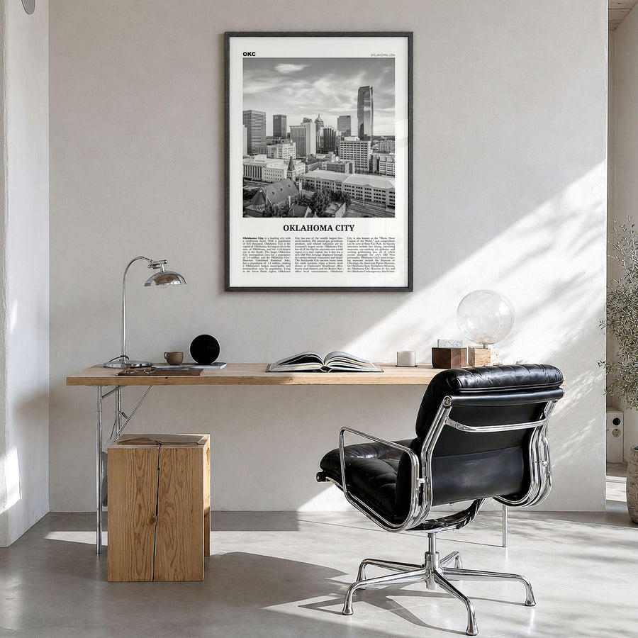 Oklahoma City Newspaper No 1 Poster in a black wood frame, hanging in a bright home office