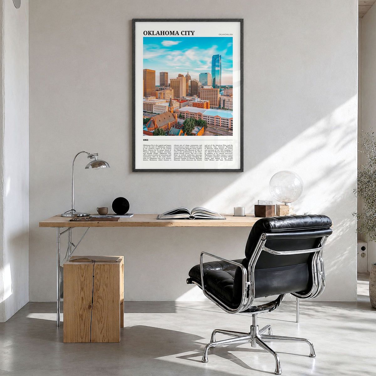 Oklahoma City Travel No 1 Poster in a black wood frame, hanging in a bright home office