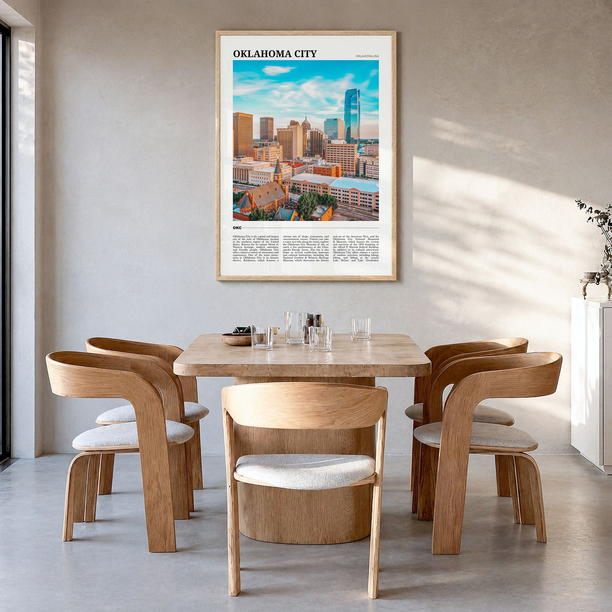 Oklahoma City Travel No 1 Poster in a natural wood frame, hanging in a dining room
