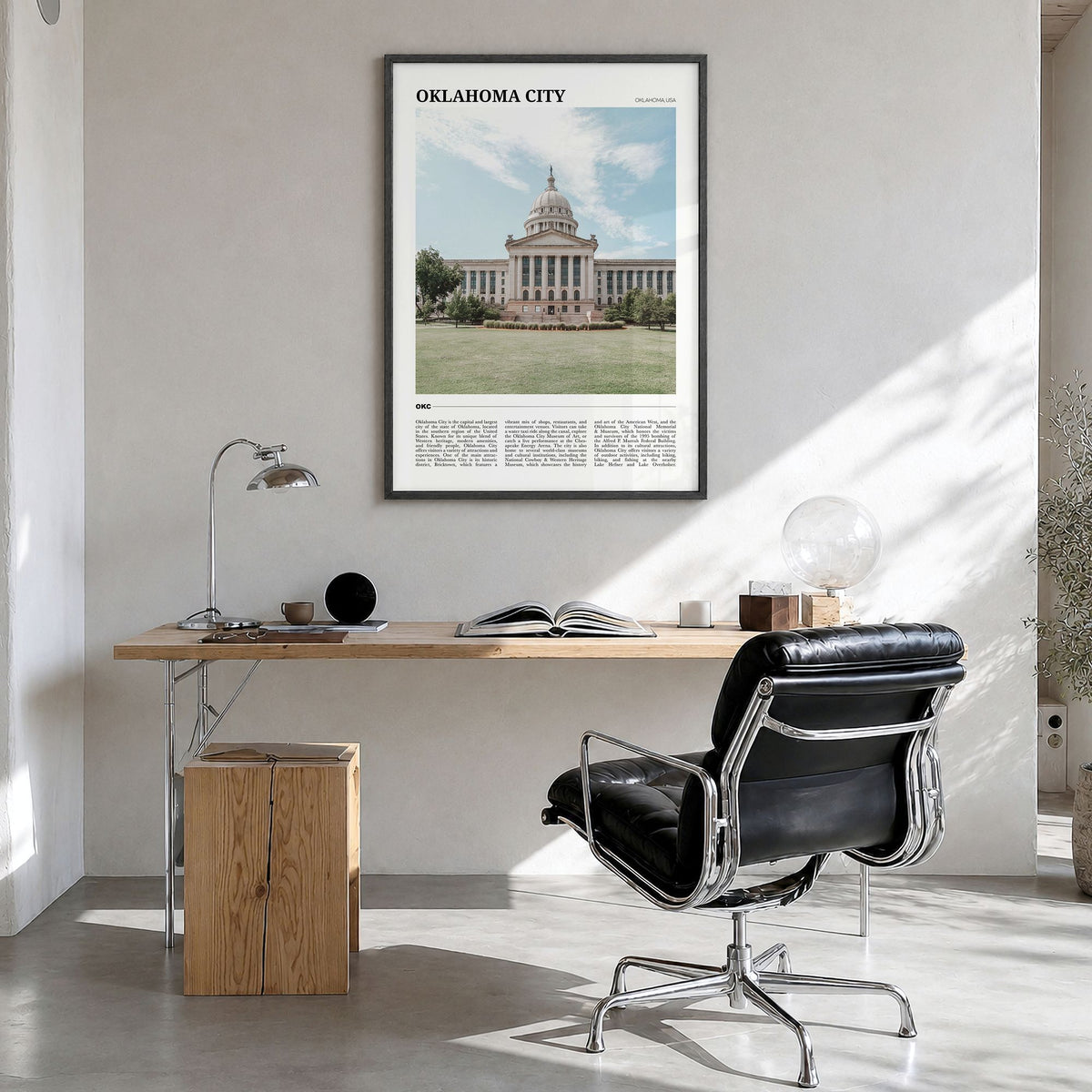 Oklahoma City Travel No 2 Poster in a black wood frame, hanging in a bright home office
