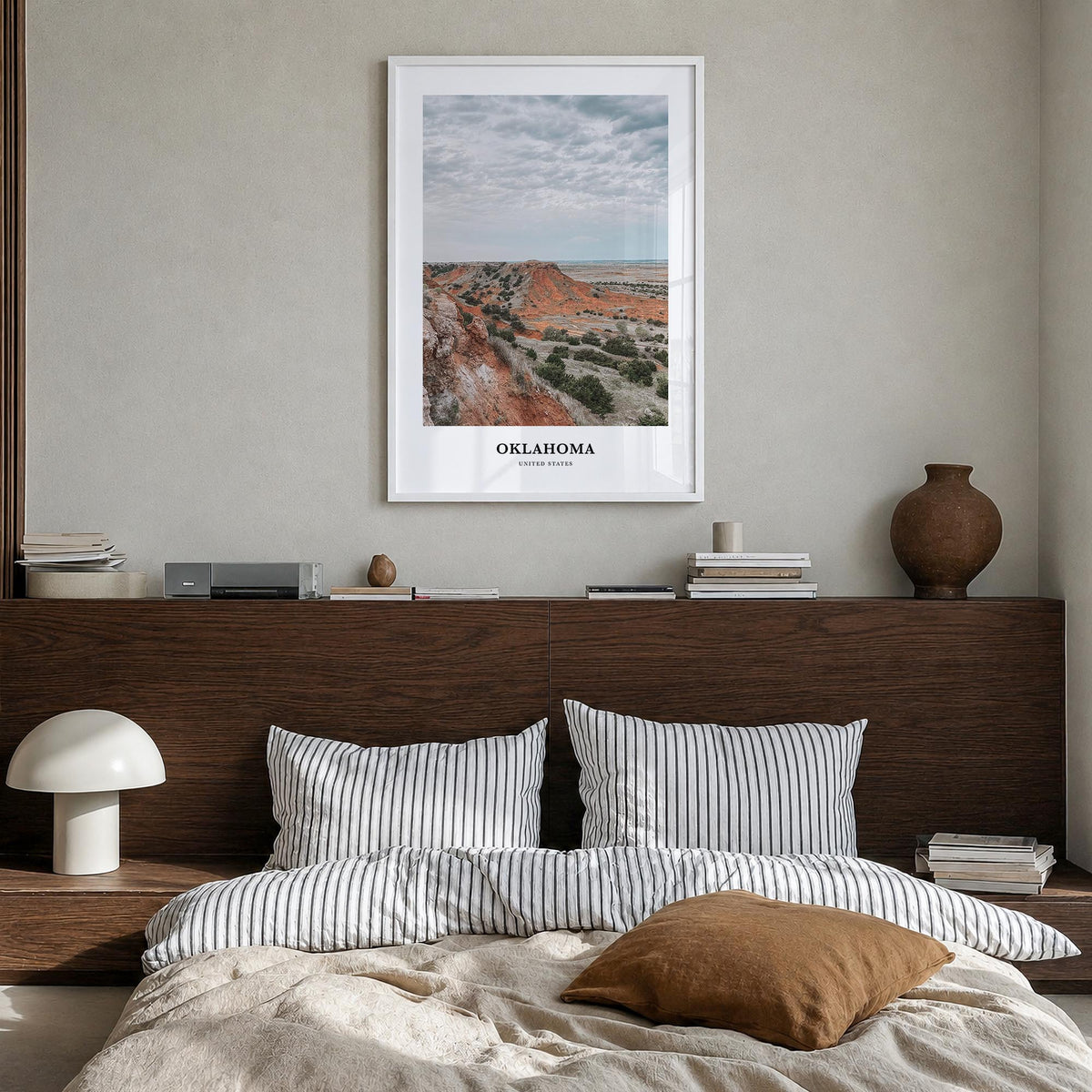 Oklahoma colorful classic poster of United States – vertical wall art in white wood frame, hanging on wall