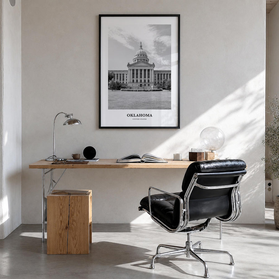 Oklahoma no. 1 black & white classic poster of United States – vertical wall art in black wood frame, hanging on wall