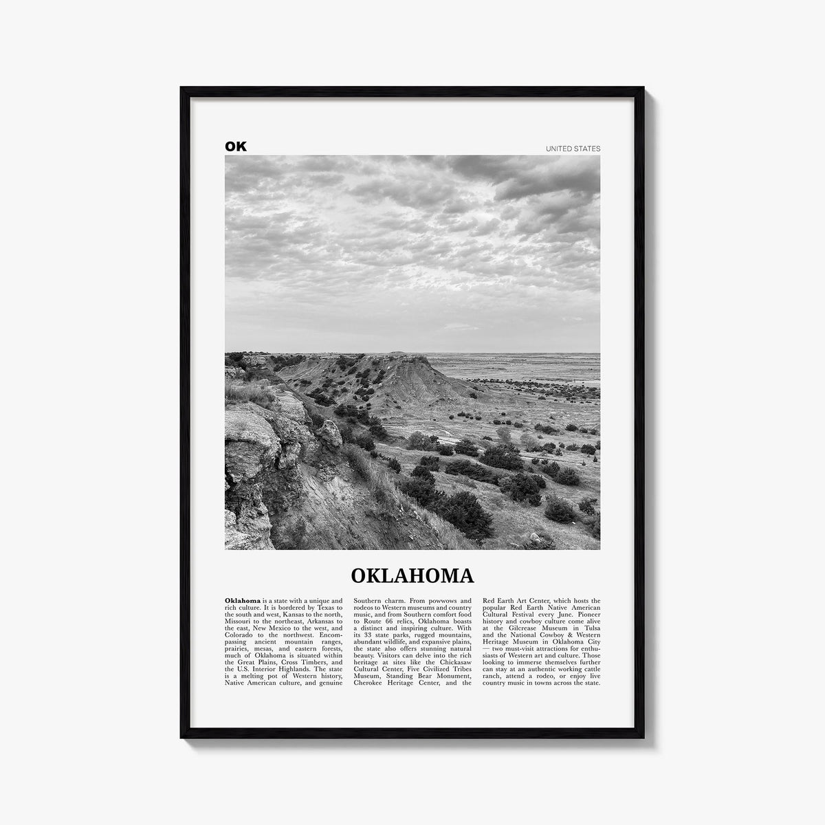 Oklahoma no. 2 black & white newspaper poster of United States – vertical wall art, unframed print shown in interior mockup