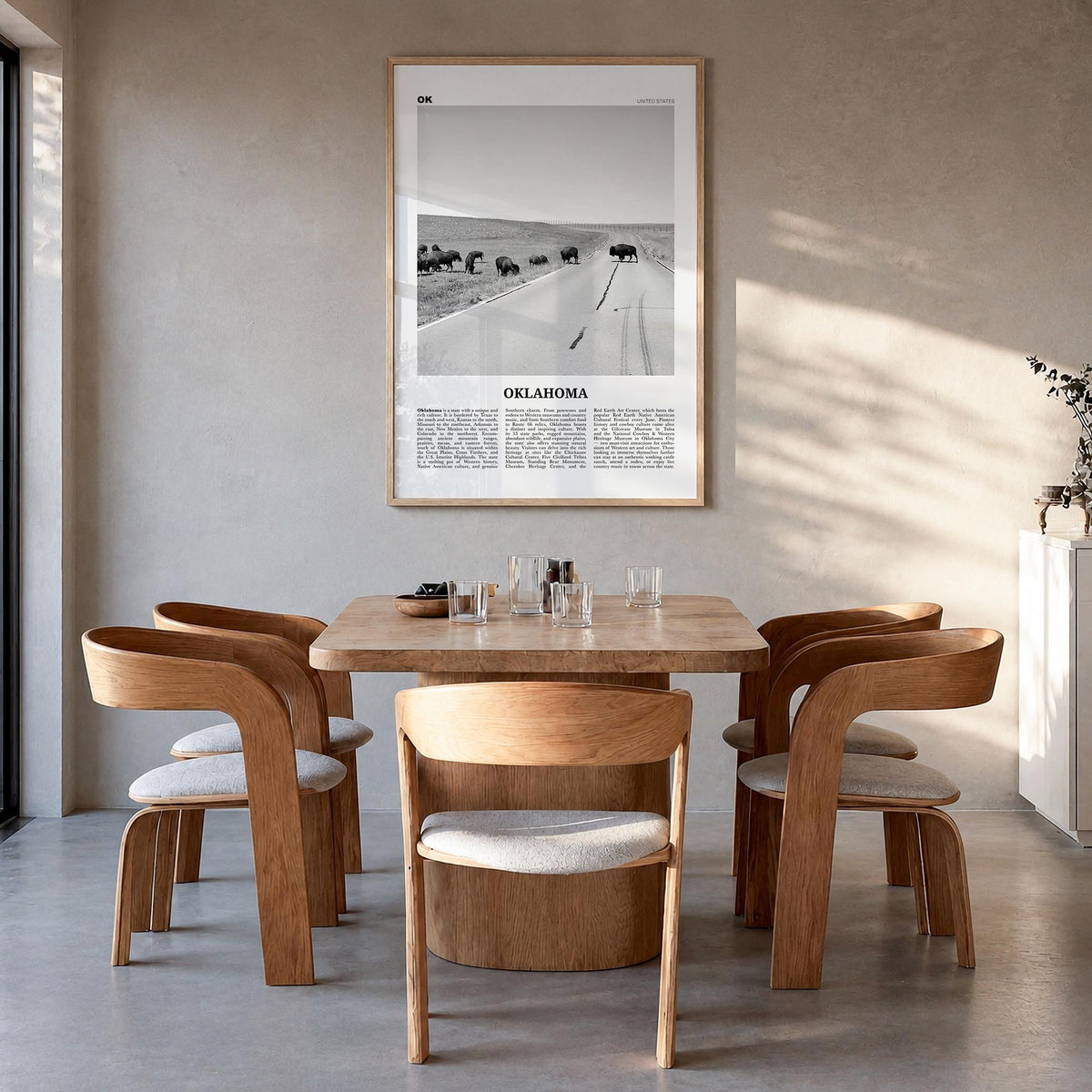 Oklahoma no. 3 black & white newspaper poster of United States – vertical wall art in natural wood frame, hanging on wall