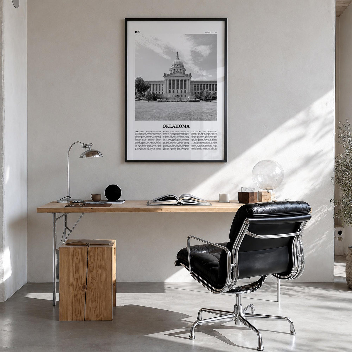 Oklahoma no. 4 black & white newspaper poster of United States – vertical wall art in black wood frame, hanging on wall