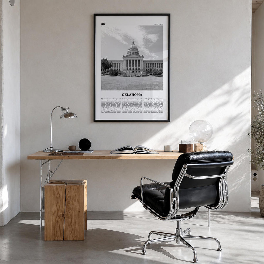 Oklahoma no. 4 black & white newspaper poster of United States – vertical wall art in black wood frame, hanging on wall