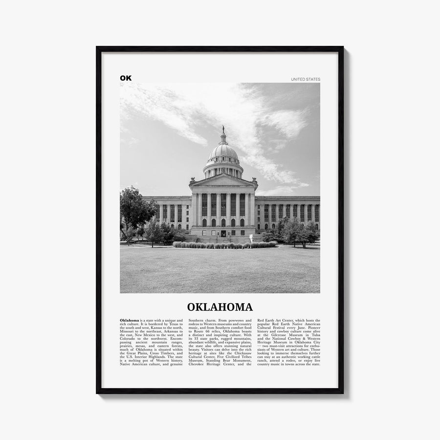 Oklahoma no. 4 black & white newspaper poster of United States – vertical wall art, unframed print shown in interior mockup