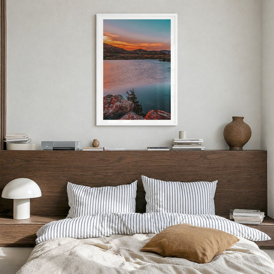 Oklahoma Photo No 1 Poster in a white wood frame, hanging in a bedroom, white border