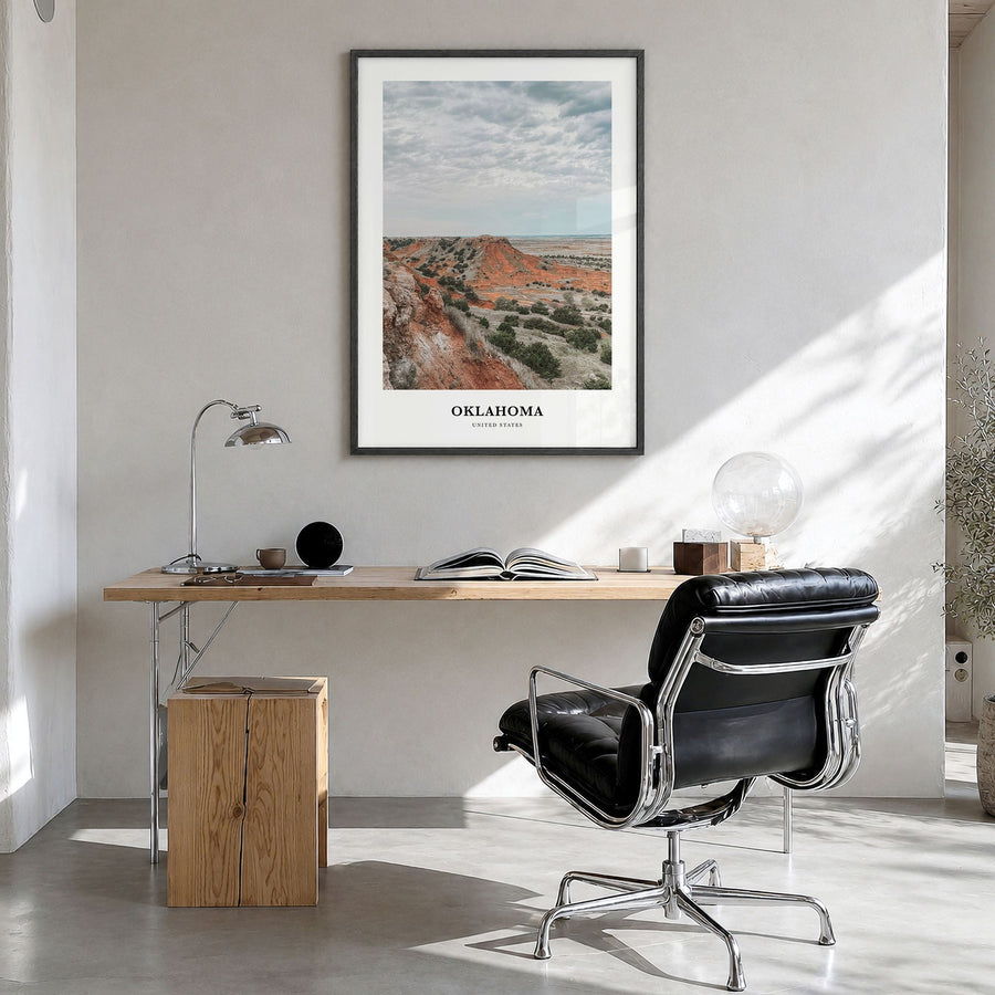 Oklahoma Classic Poster in a black wood frame, hanging in a bright home office