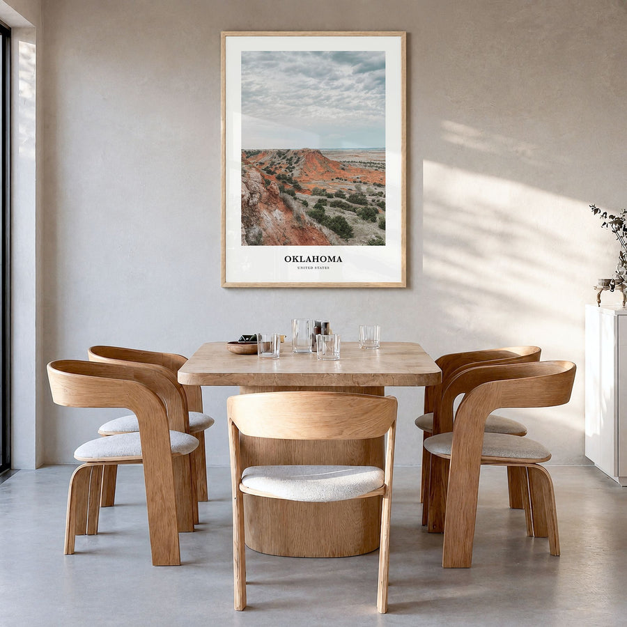 Oklahoma Classic Poster in a natural wood frame, hanging in a dining room