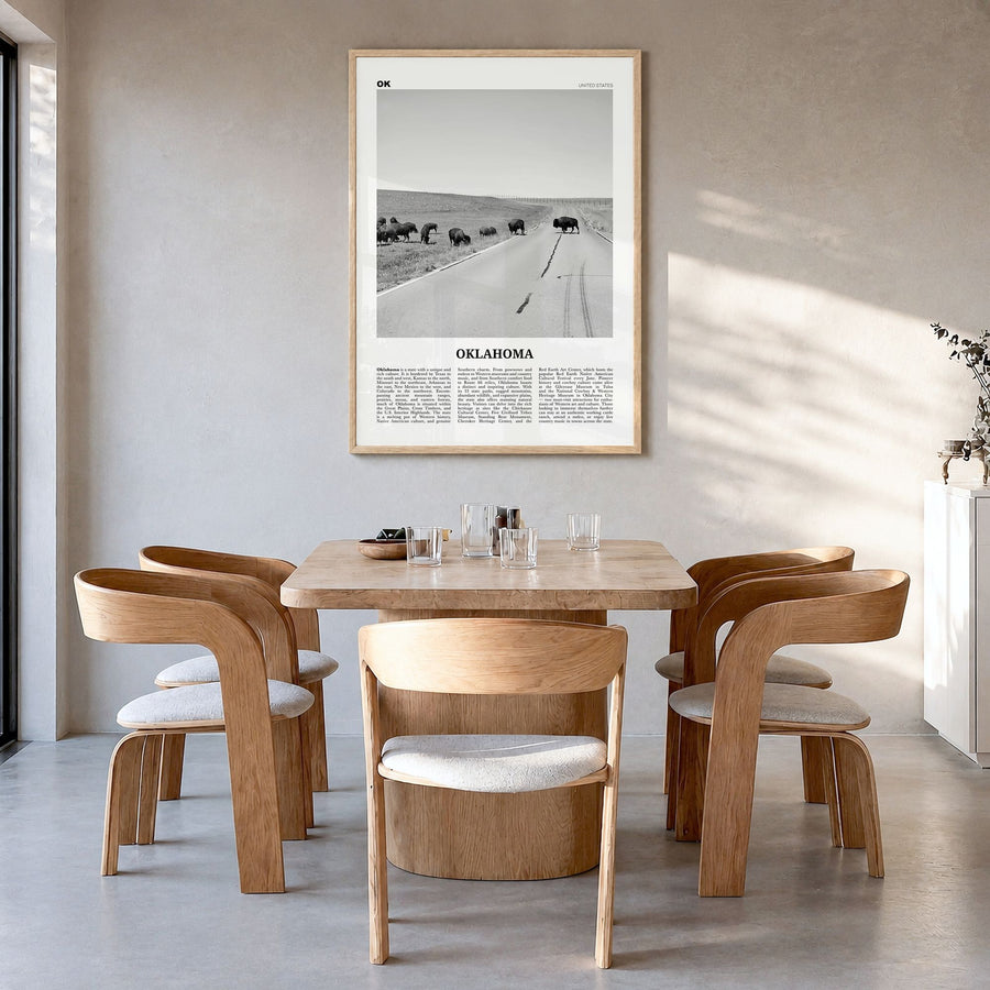 Oklahoma Newspaper No 3 Poster in a natural wood frame, hanging in a dining room